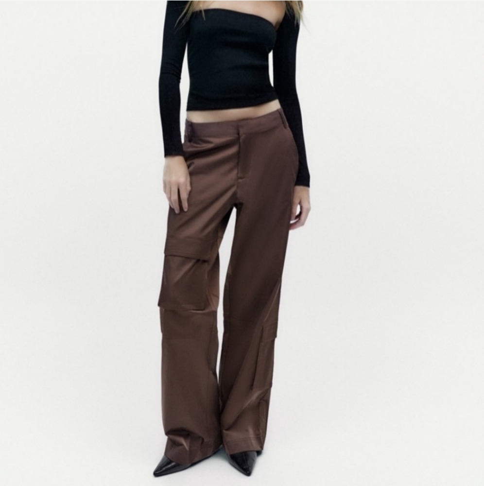 Zara satin cargo utility pants brown